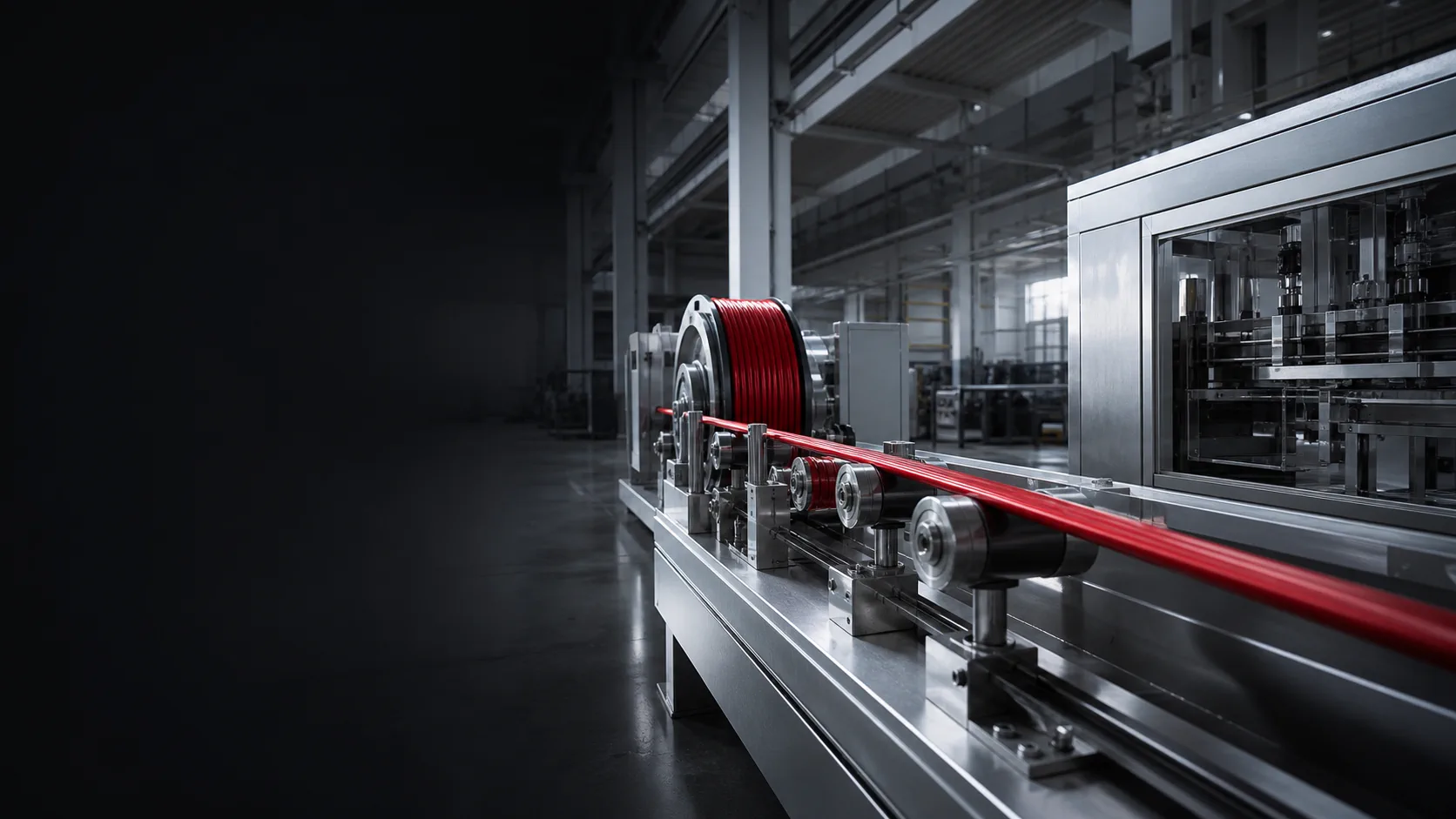Crimson electrical cable on an industrial production line